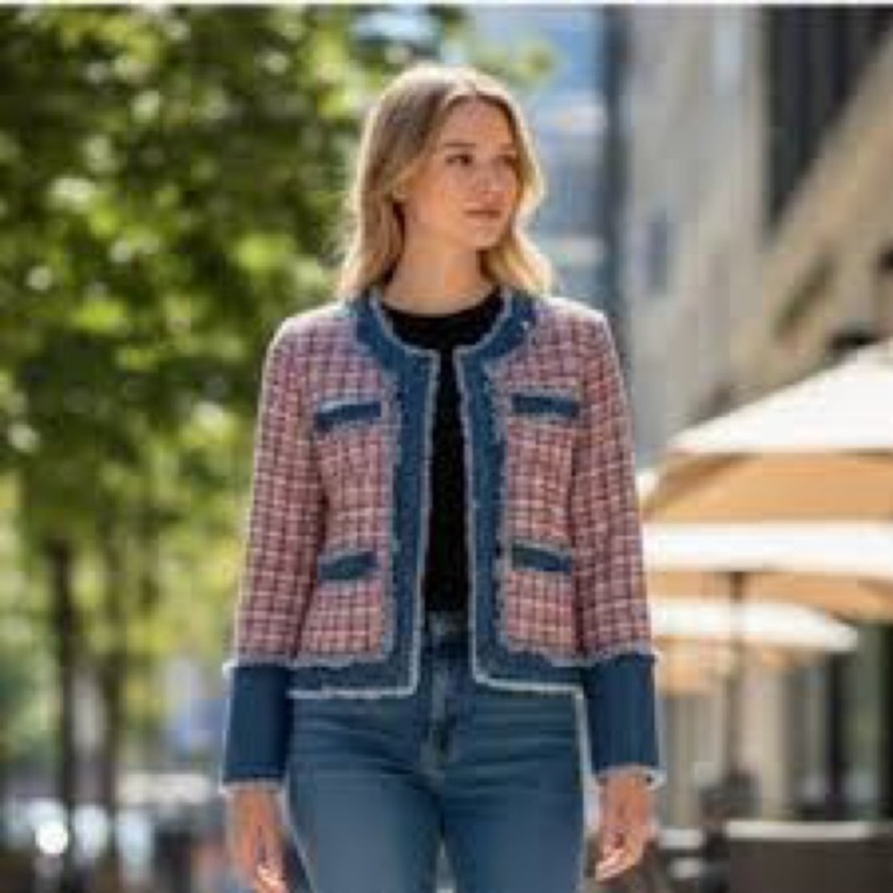Nanette Lepore Pink Tweed Blue Trim Cropped Blazer